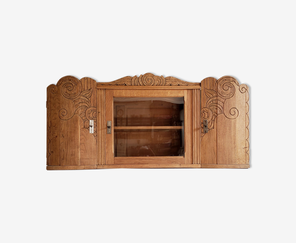 Vitrine murale art-déco en chêne brut