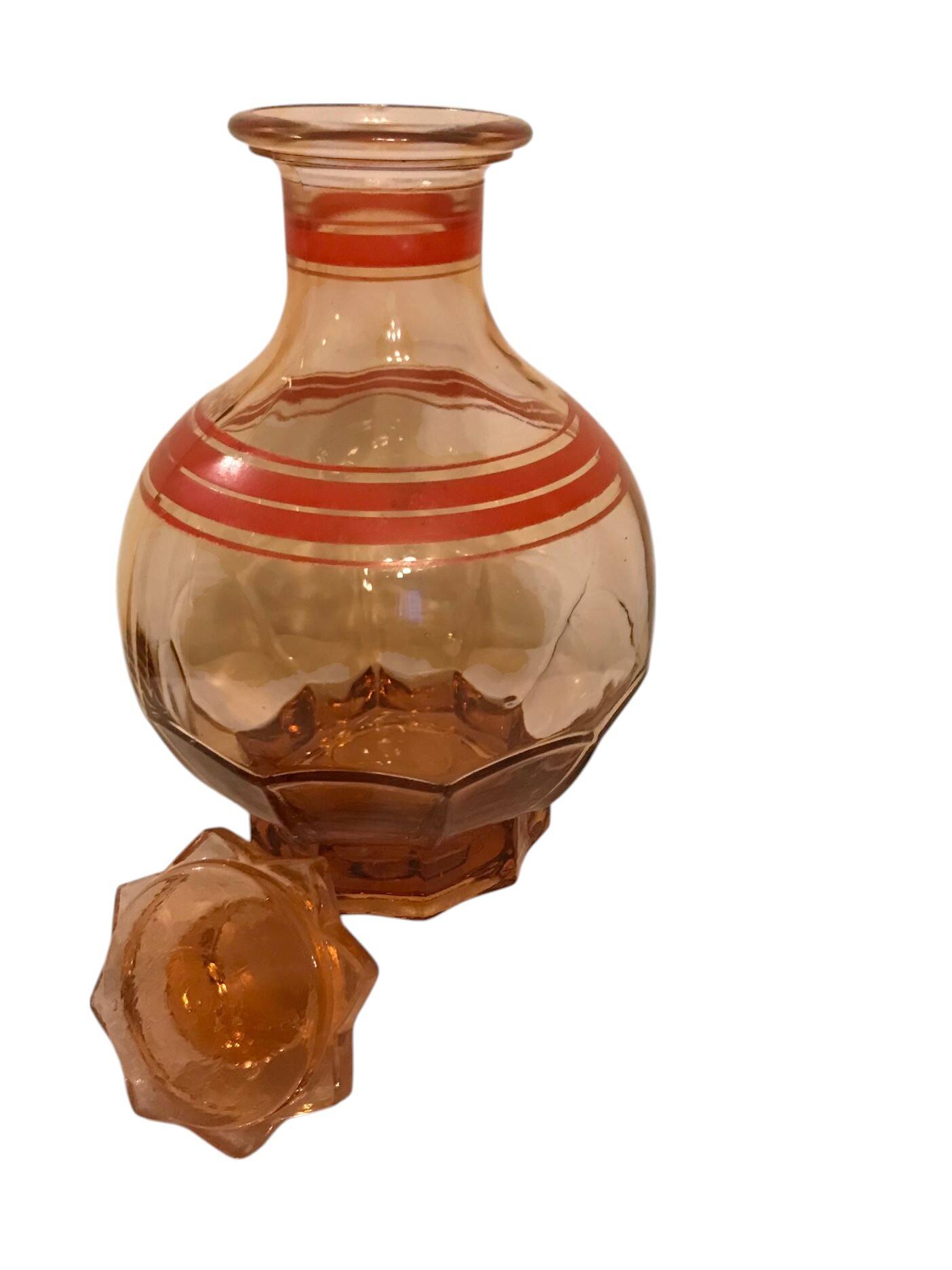 Art Deco, round smoked glass carafe with red edging circa 1930