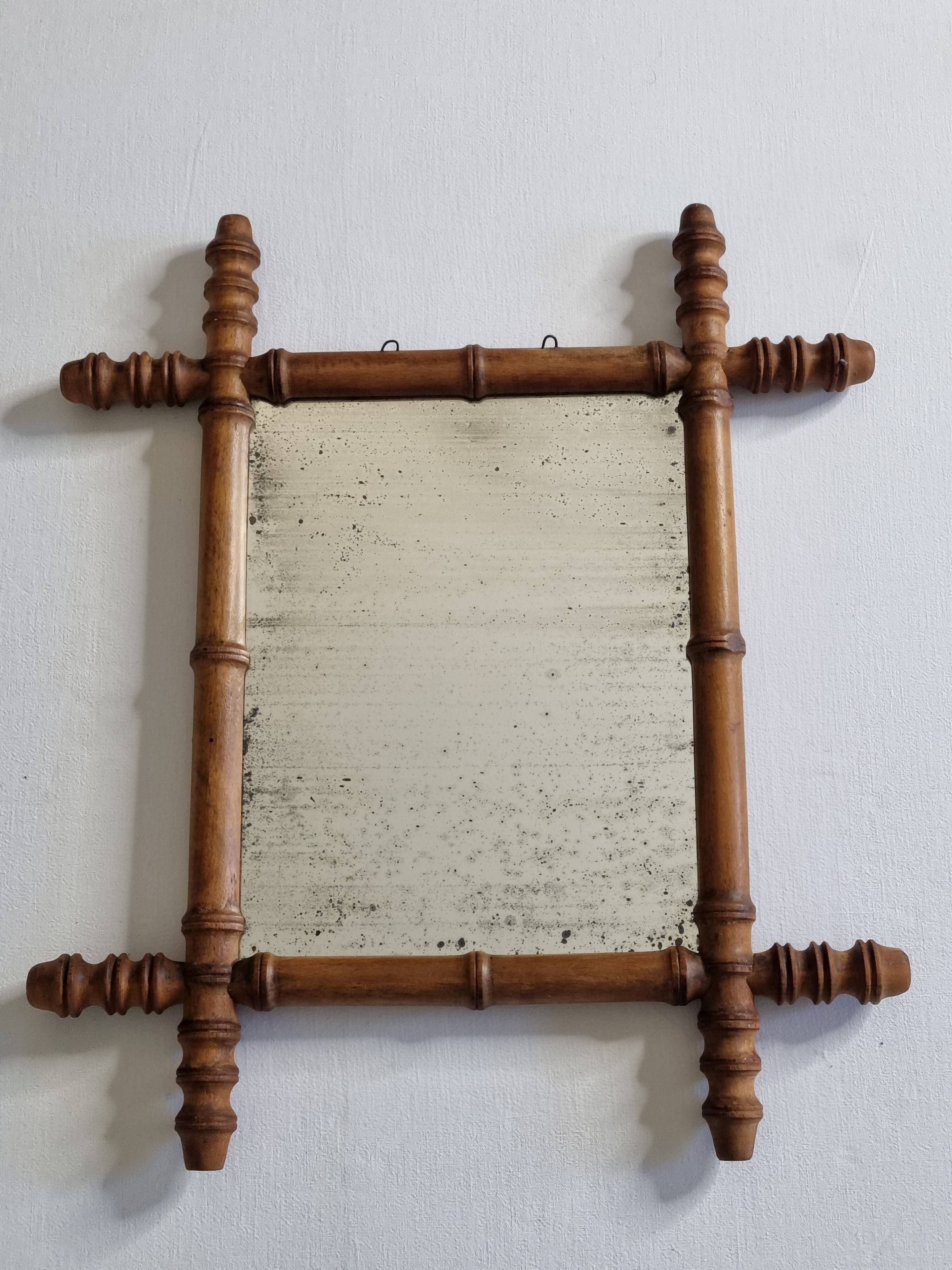 Antique turned wood mirror in bamboo style, late 19th century, 44 x 38 cm