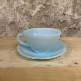 Set of 4 Duralex cups and 4 saucers – pastel blue opal glass (year