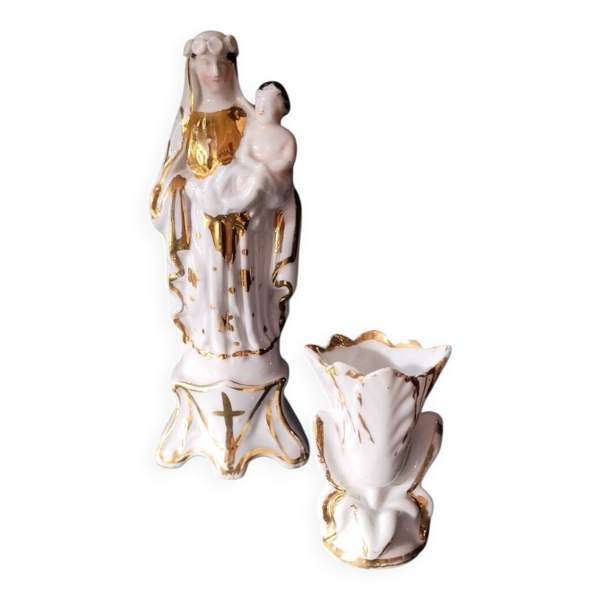 Vierge à l'enfant et vase dorés à l'or fin