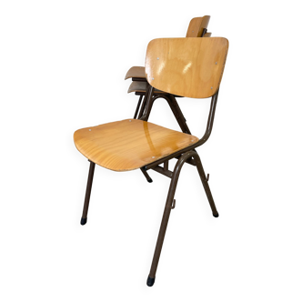 Set of 3 Marko brown steel wood school chairs Netherlands 1970s
