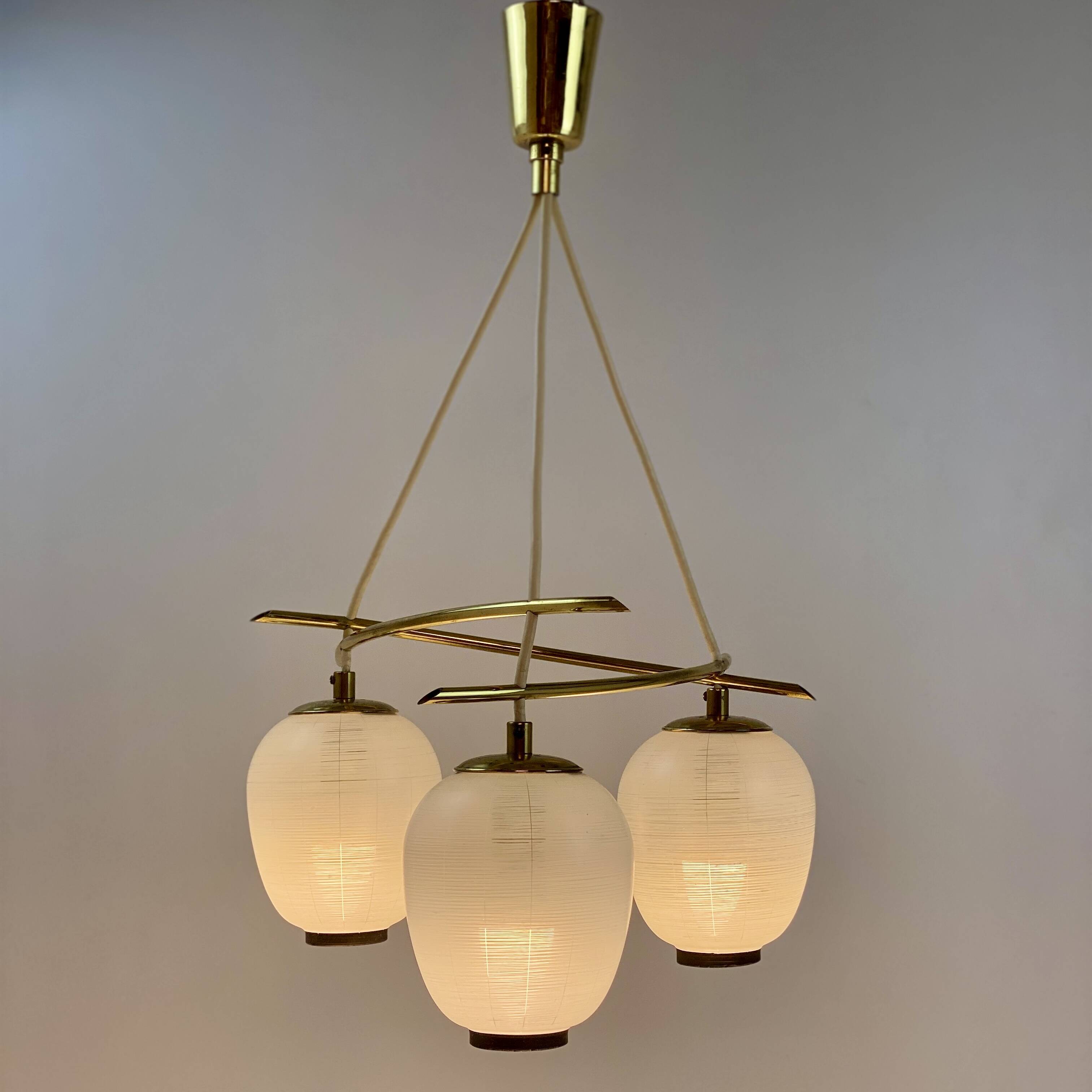 Vintage chandelier, brass, glass, 1958, Doria G 74/61