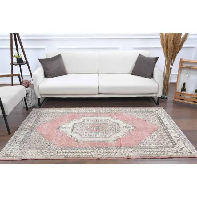 Tapis vintage turc Oushak fait main en laine et coton rose