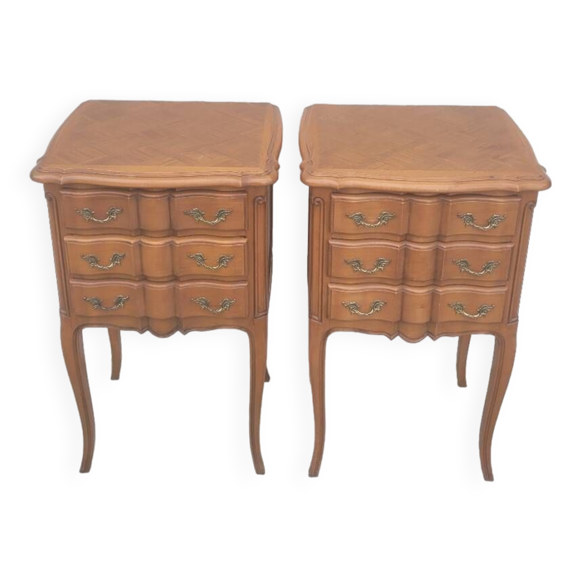 Pair of Louis xv style bedside tables in cherry wood, 3 drawers