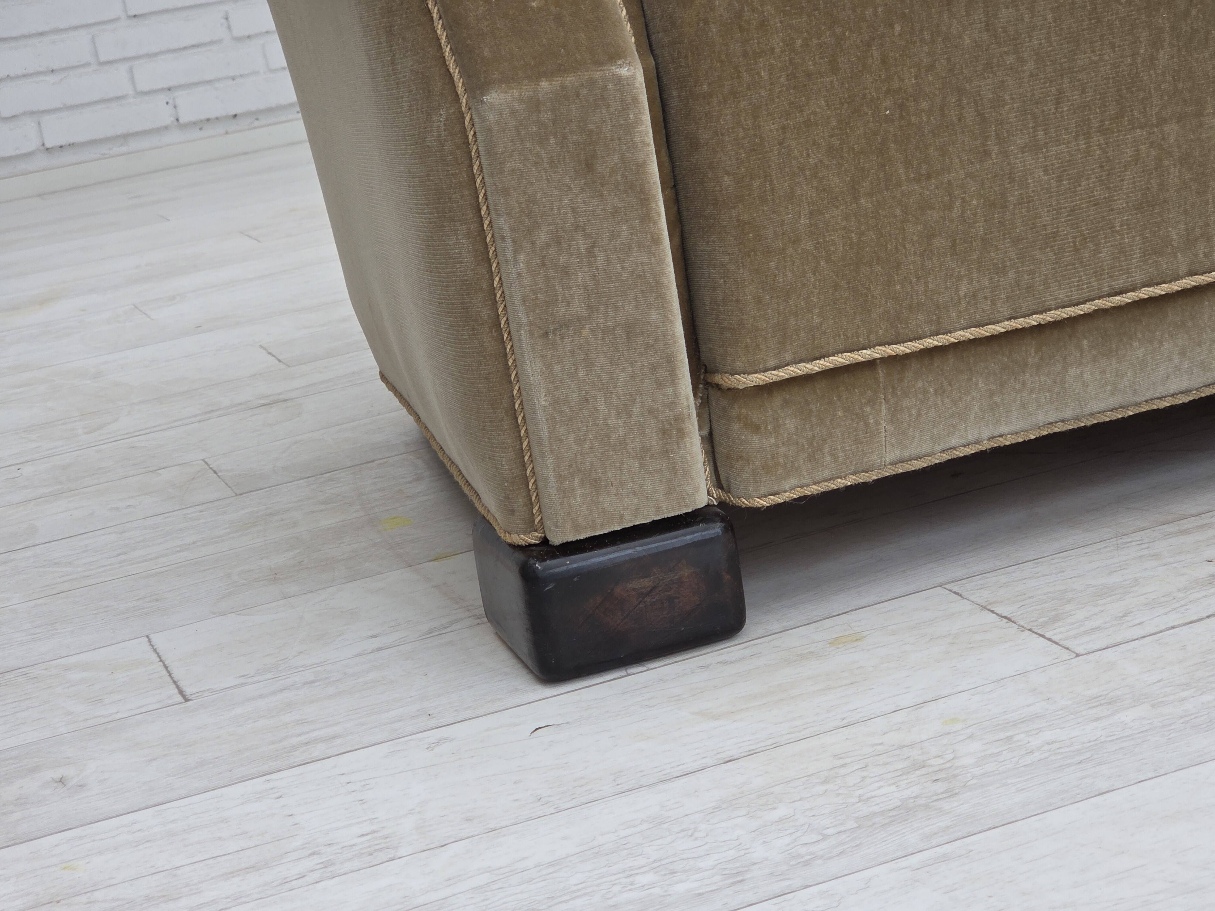 1960s, Danish 3-seater sofa, green furniture velour, oak wood legs.