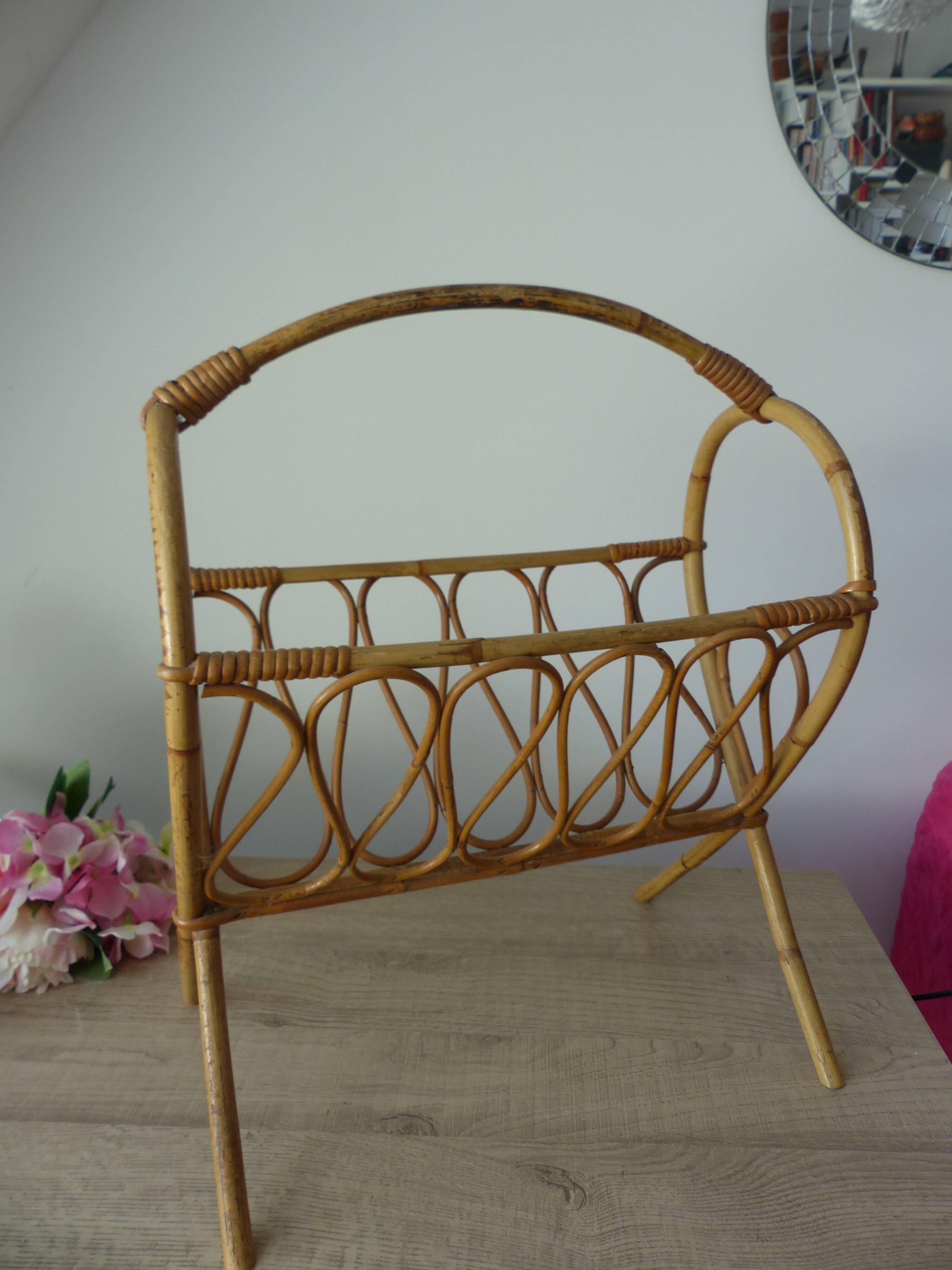 Vintage rattan magazine rack, wicker magazine basket home decor