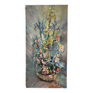Fleurs, huile au couteau signée 1958