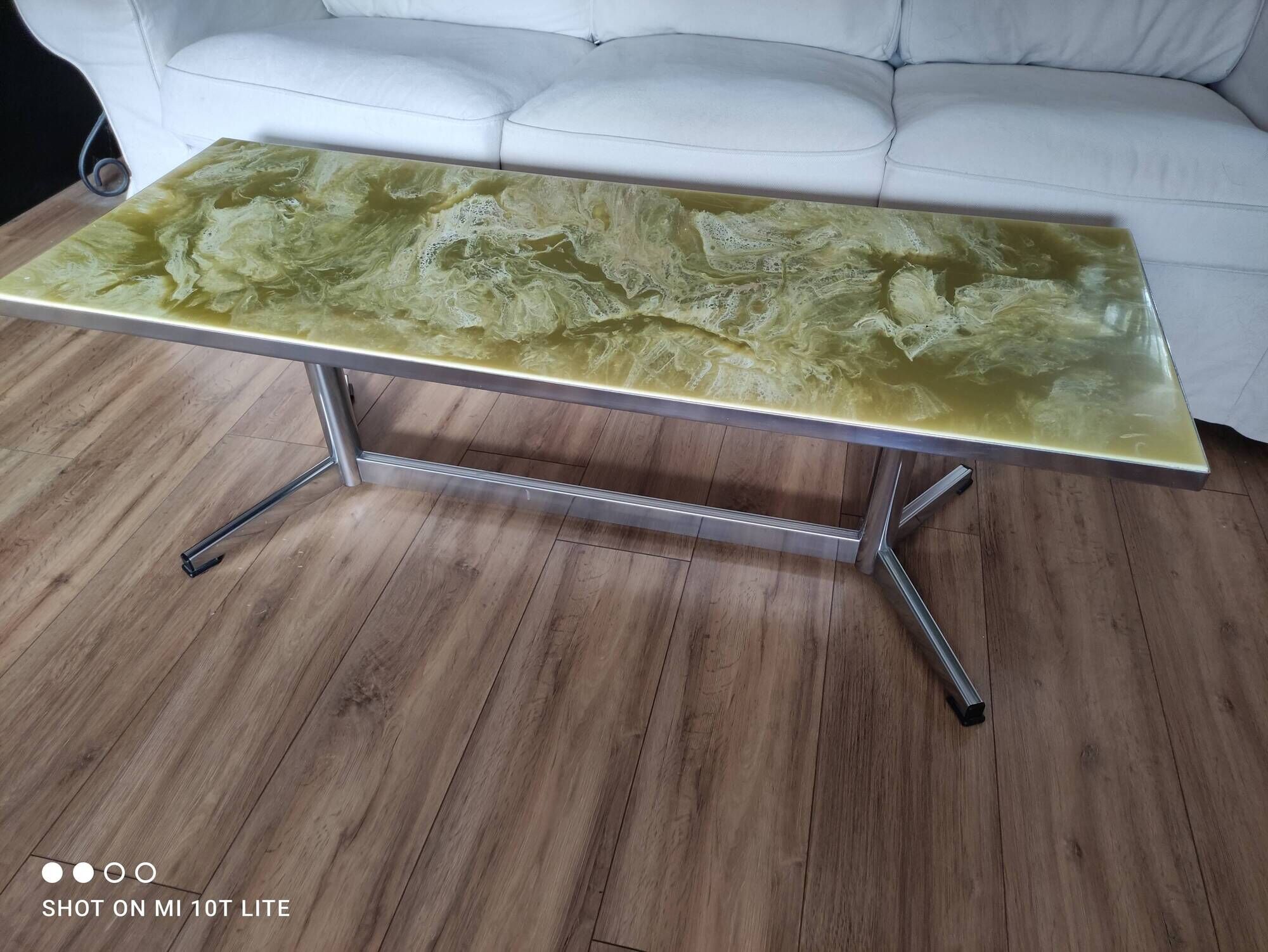 Vintage coffee table 70s chrome base and top resin effect marble green water