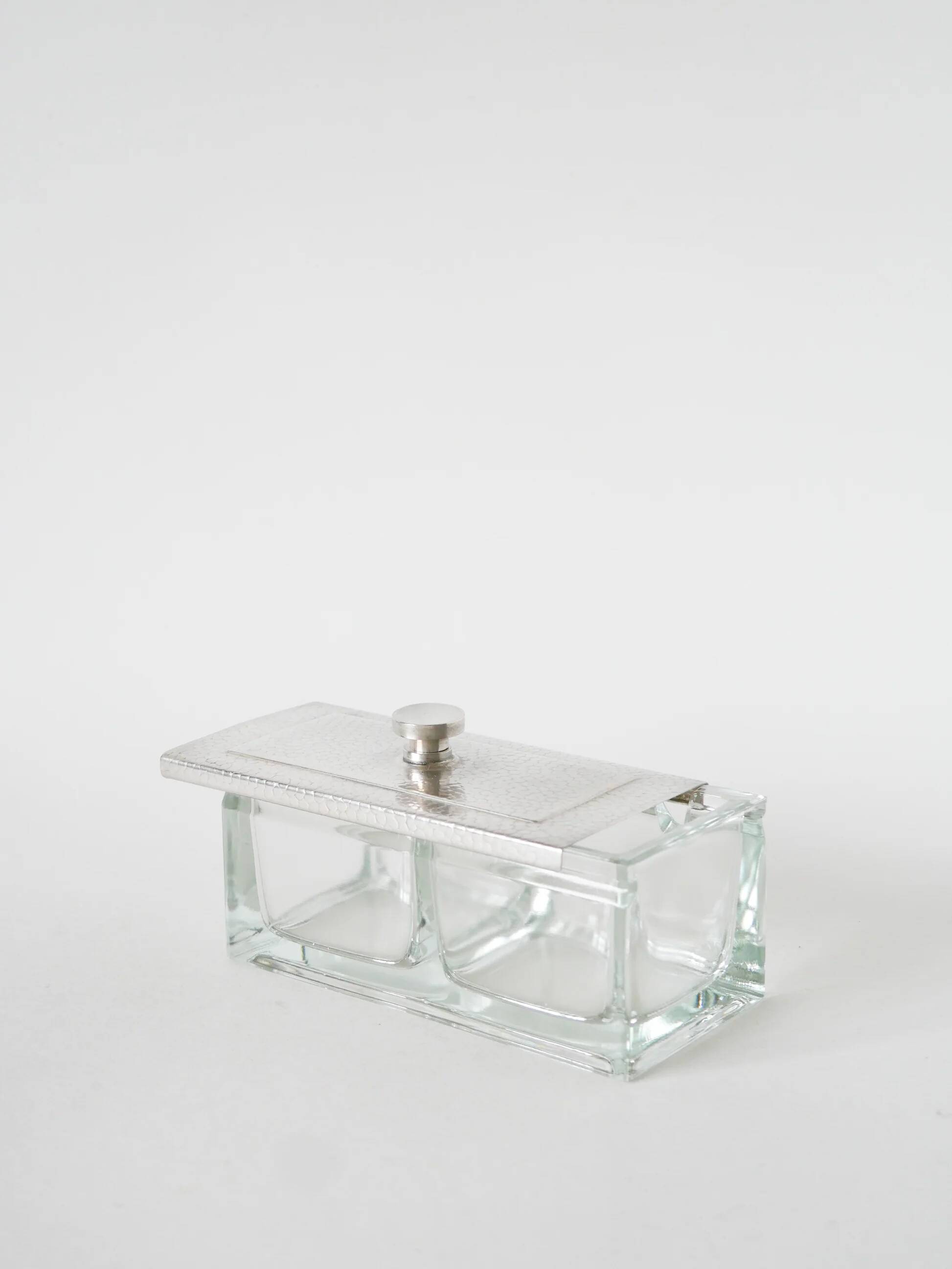 Silver-plated and glass condiment pot, 1930