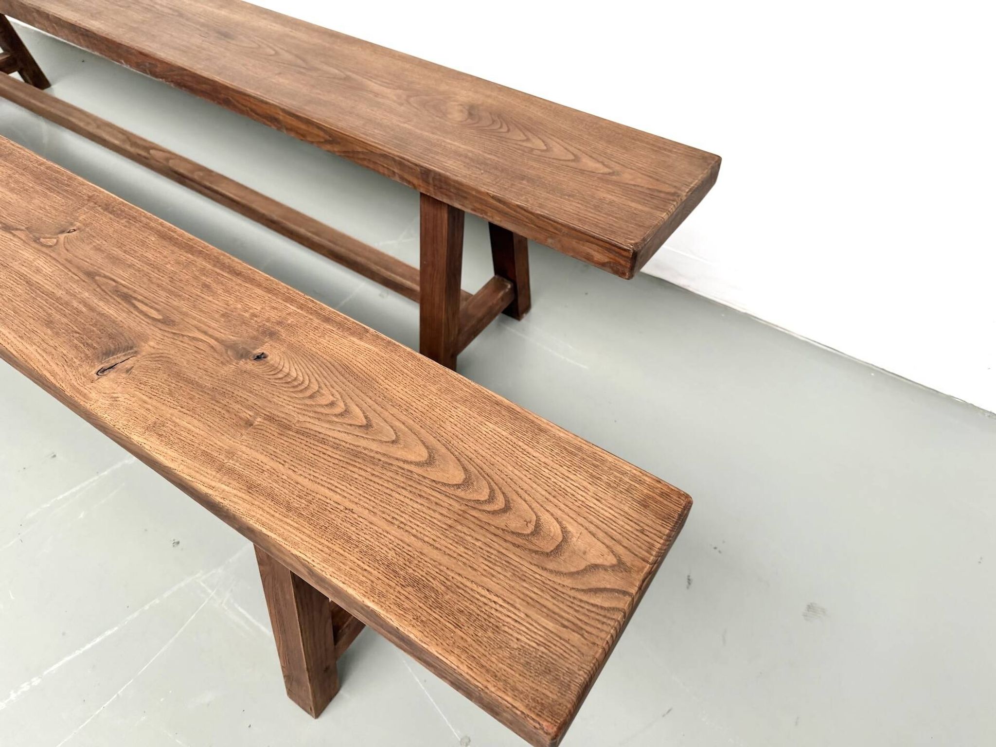 Pair of XL size benches in solid oak, 1950s.