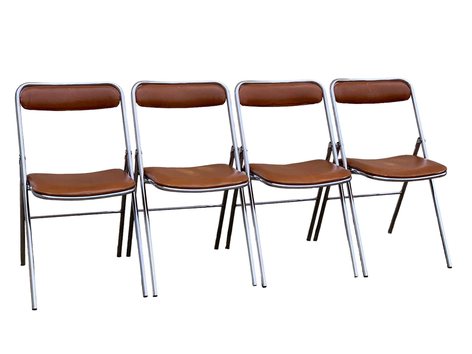 4 folding chairs chromed metal and Skaï fawn 1970