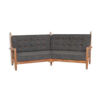 Guillerme et Chambron oak mid-century french angular sofa