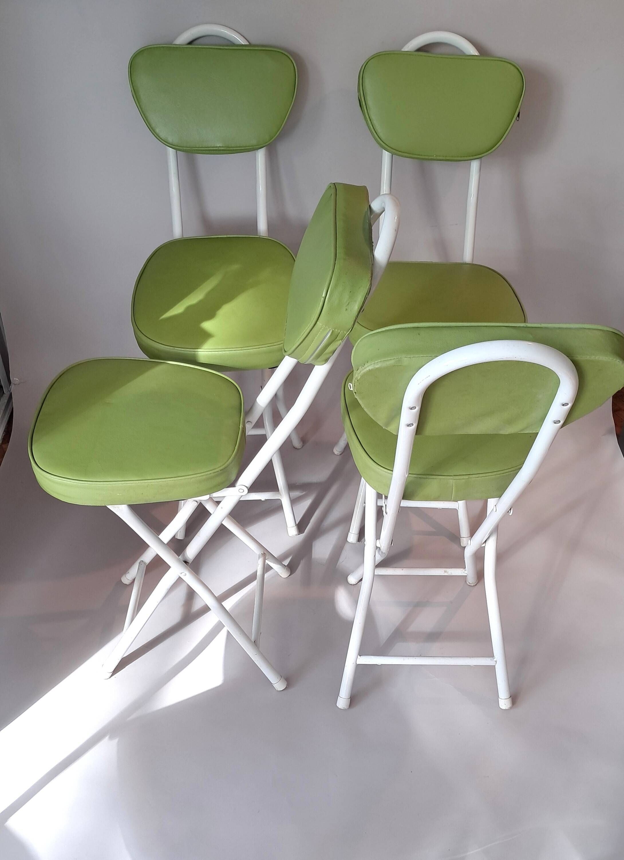 Set of 4 folding cocktail chairs in olive green faux leather from the 1970s.