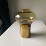 Vintage MCM Danish Design Hurricane Candleholder in Brass and Amber colored glass