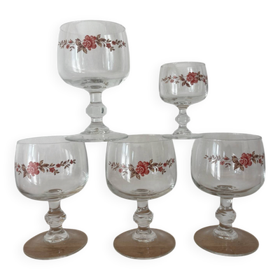 Vintage lot de 4 verres à pied et un verre à liqueur luminarc f’eurs