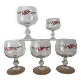 Vintage lot of 4 stemmed glasses and one liqueur glass Luminarc F'eurs.