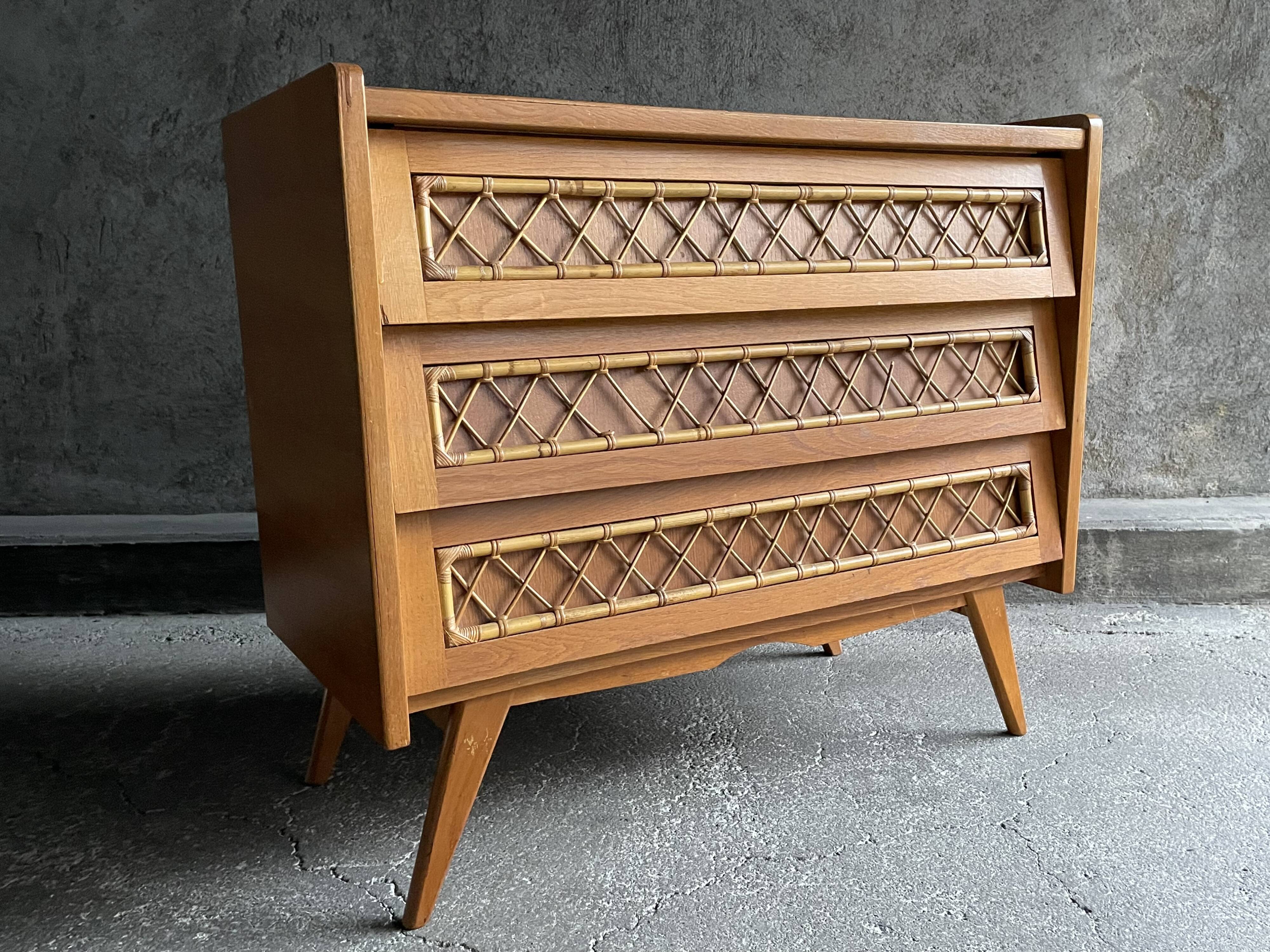 3-drawer chest of drawers with rattan decorations, France 1970s