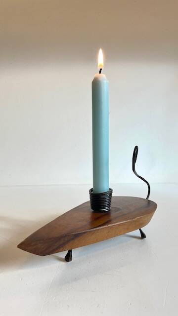Brutalist olive wood candle holder vintage