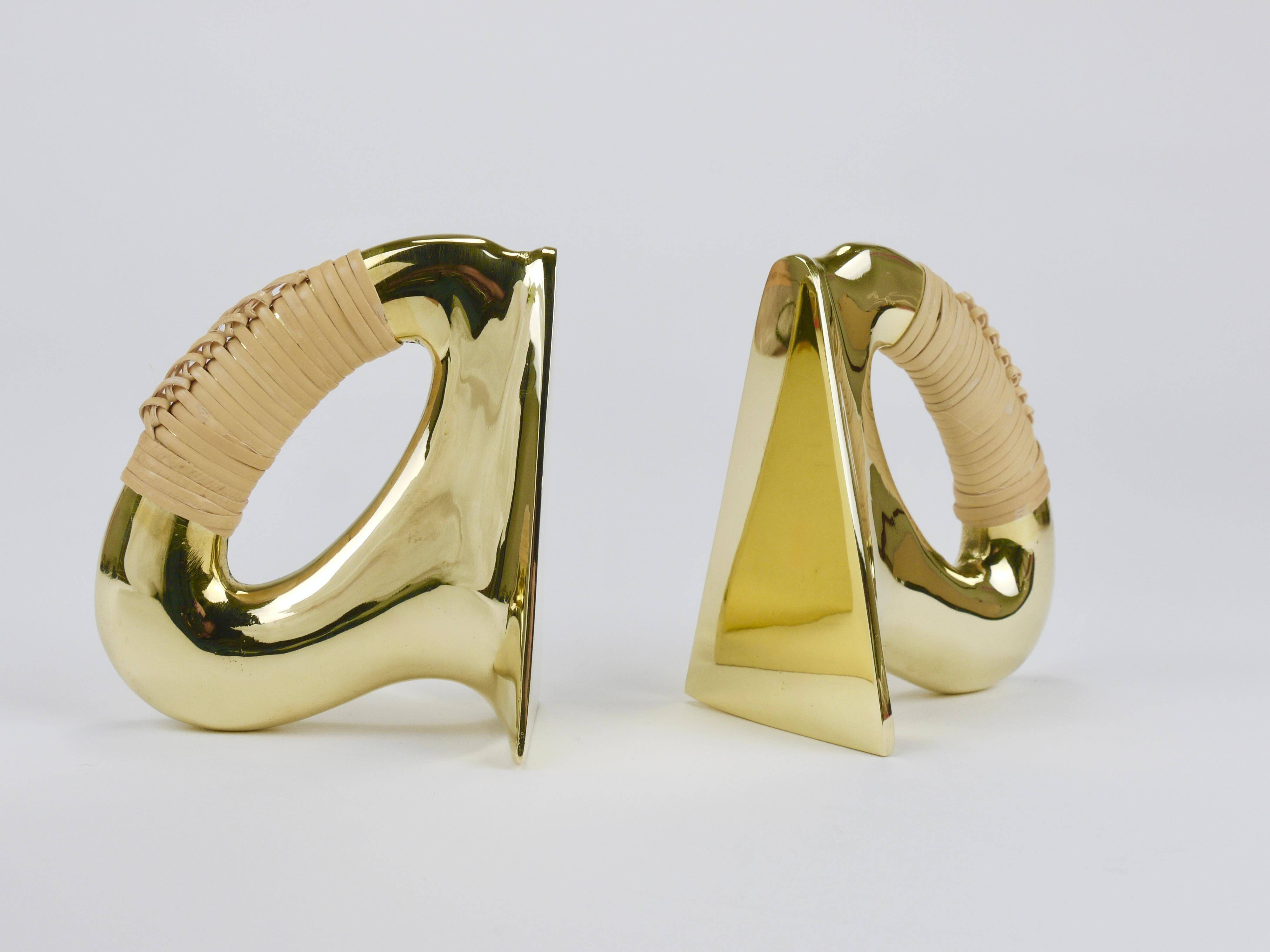 Pair of Carl Auböck Flat Iron bookends in brass and rattan #3530, Vienna, Austria