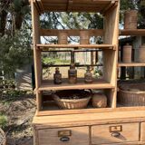 Large antique workshop furniture with drawers and shelves.