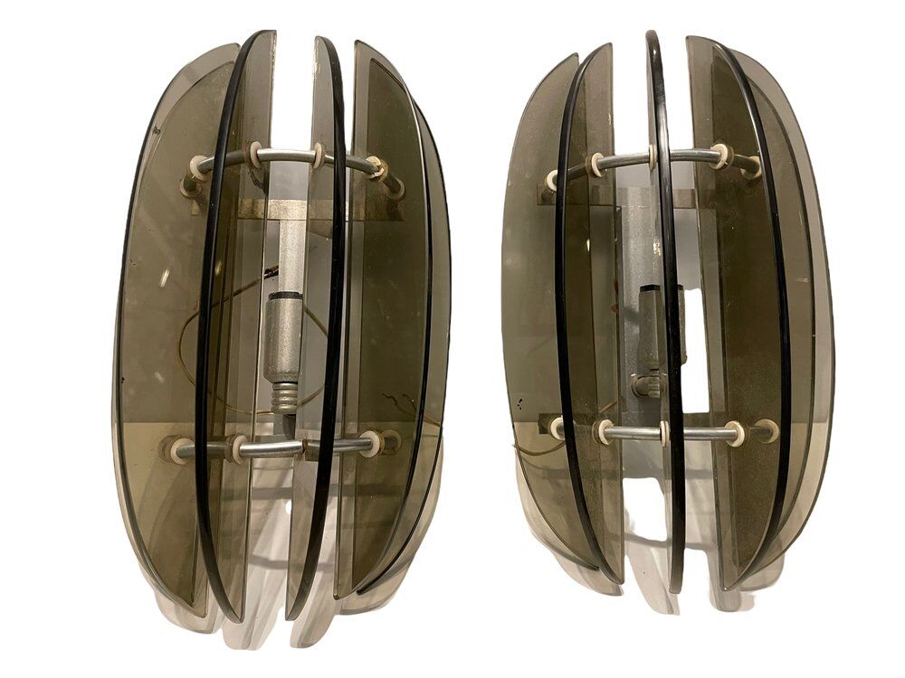 Italian Smoked Glass Wall Lights from Veca, Set of 2