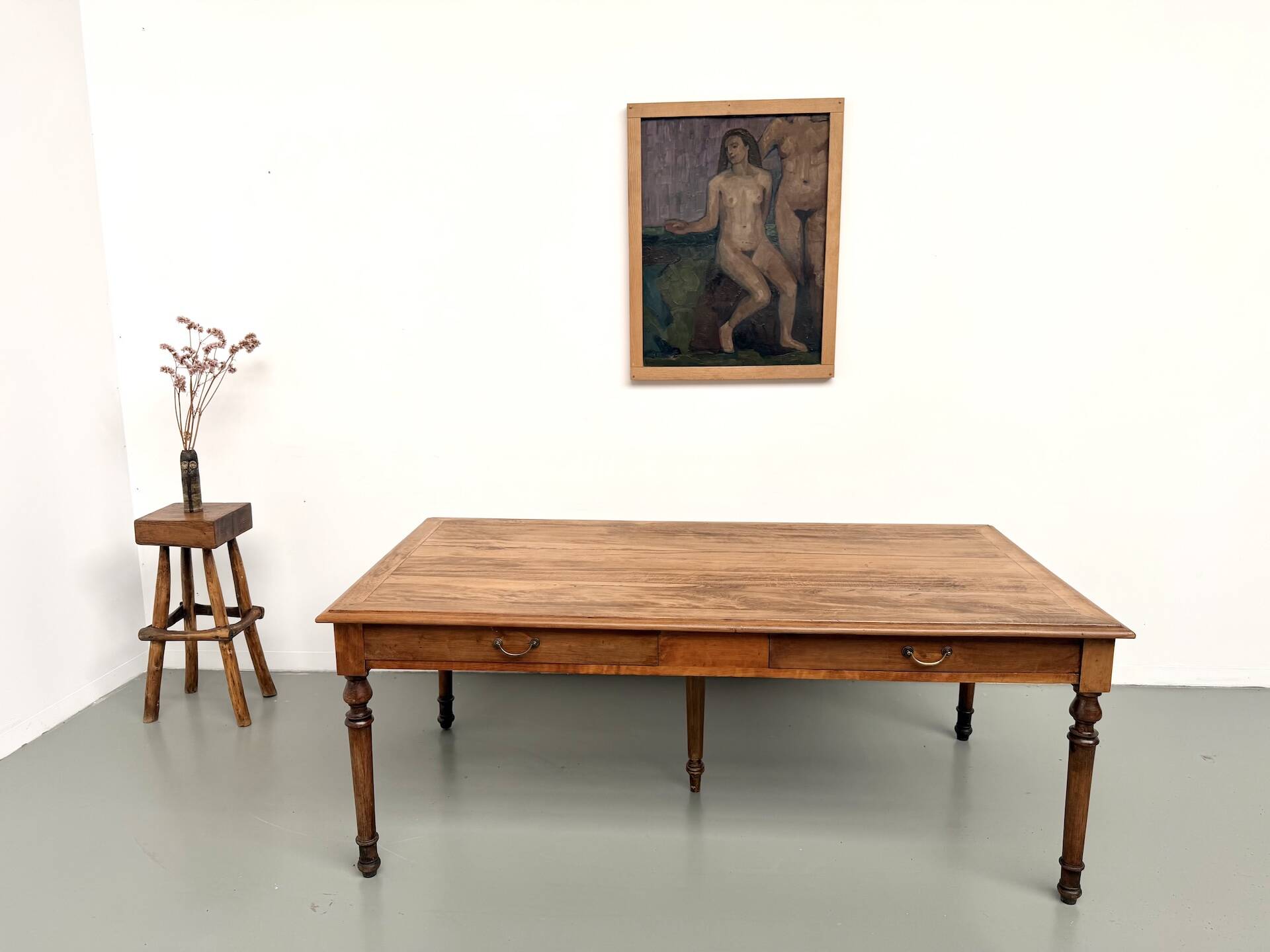 Farm table with 5 feet in beech and 4 drawers, 1950s.