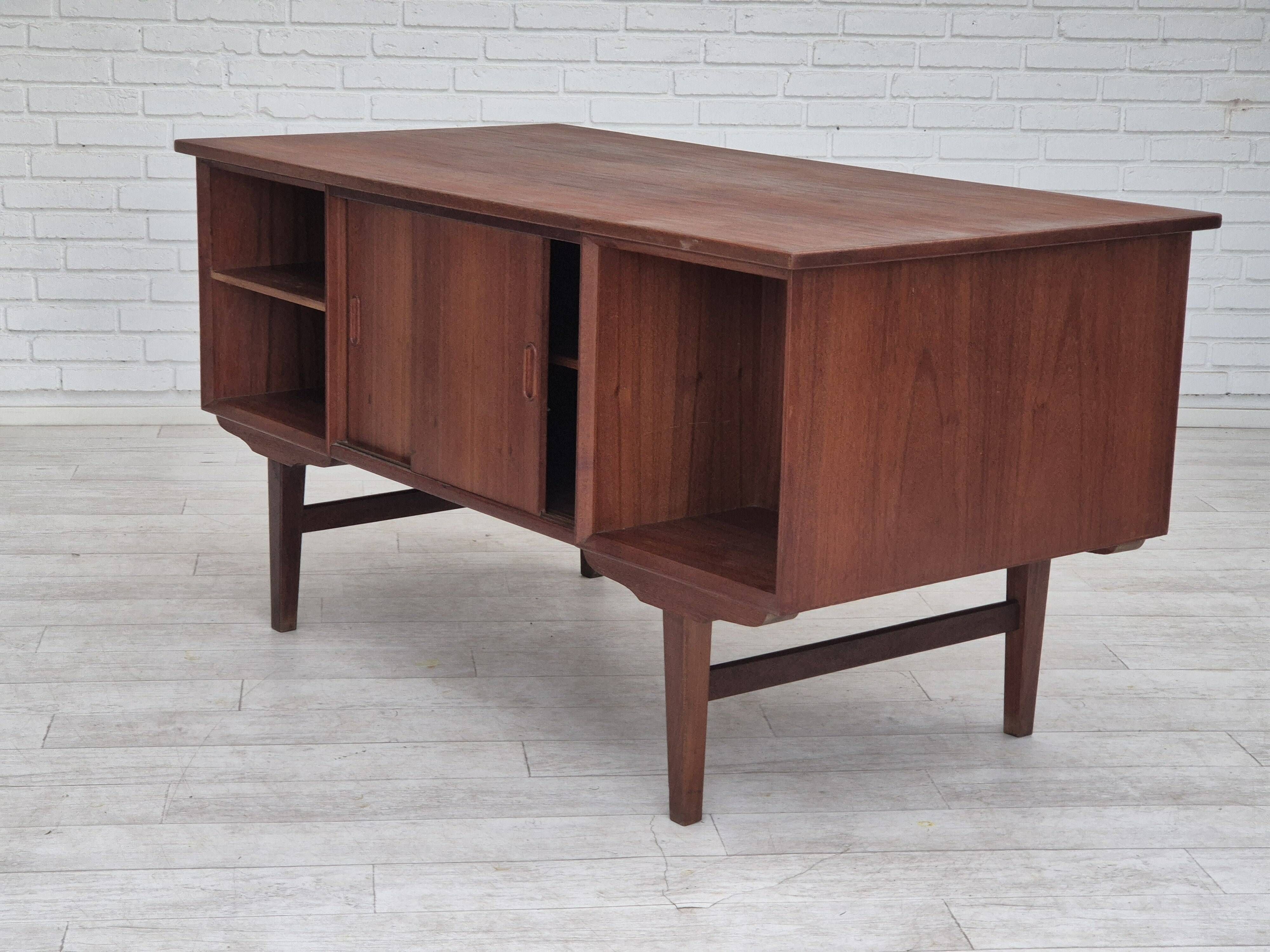 1960s, Danish double-sided, free standing desk, original condition, teak wood, drawers, sliding door