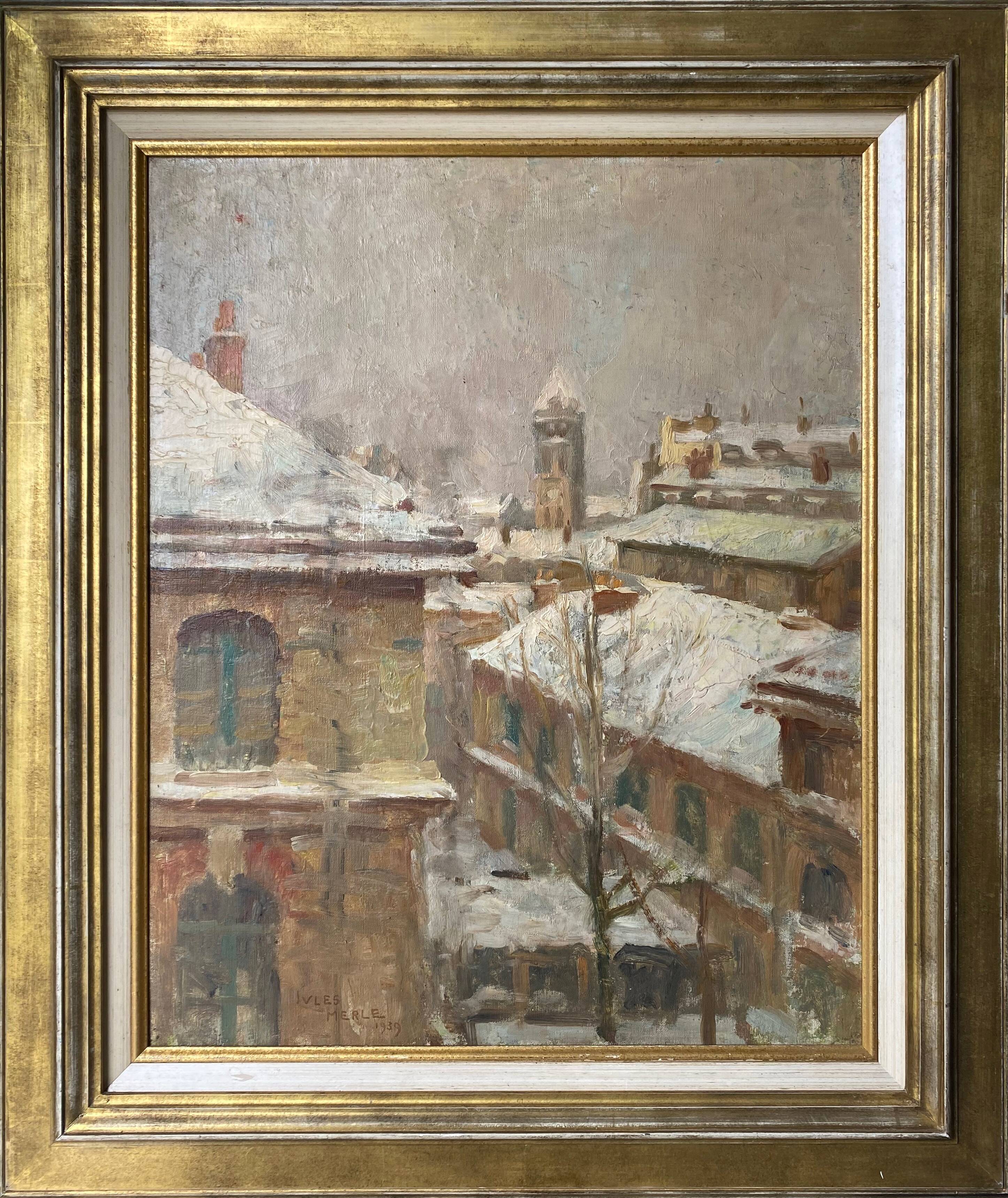 Painting by Jules Merle1939 "The roofs of snowy Paris" Notre Dame des Champs