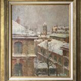 Painting by Jules Merle1939 "The roofs of snowy Paris" Notre Dame des Champs
