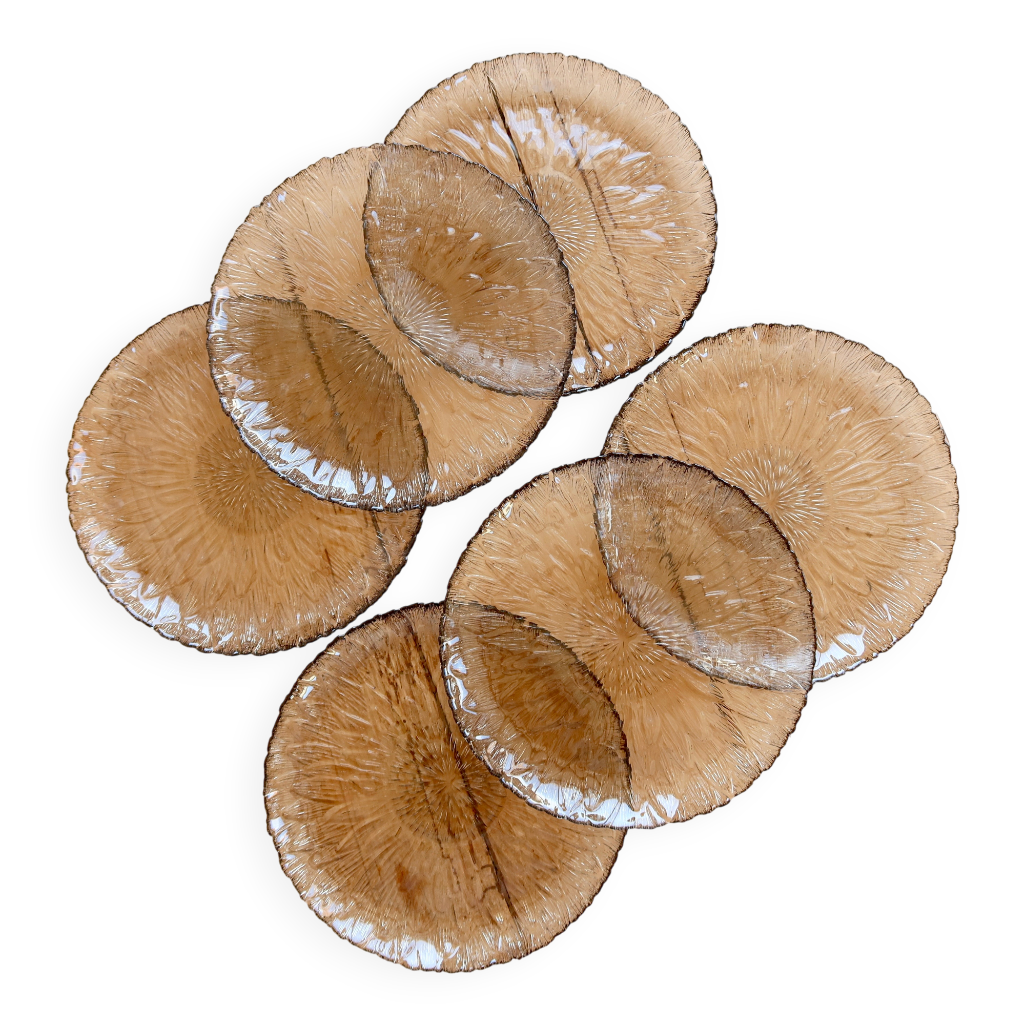 6 vintage dessert plates in smoked glass – Floral relief petal effect