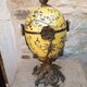 Large covered box in yellow earthenware with polychrome enamels and brass from the 20th century.