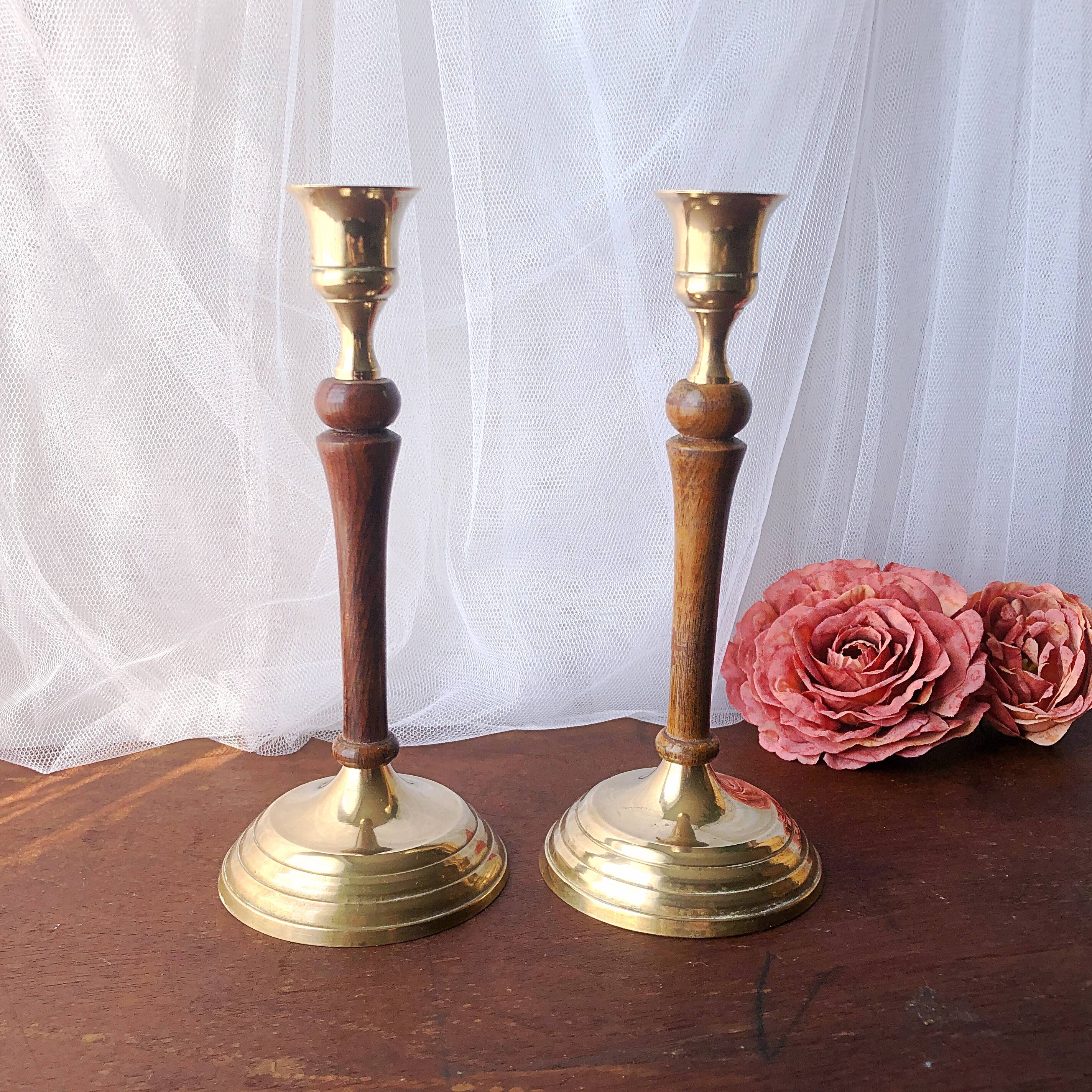 Pair of gilded brass and vintage Indian wood candlesticks