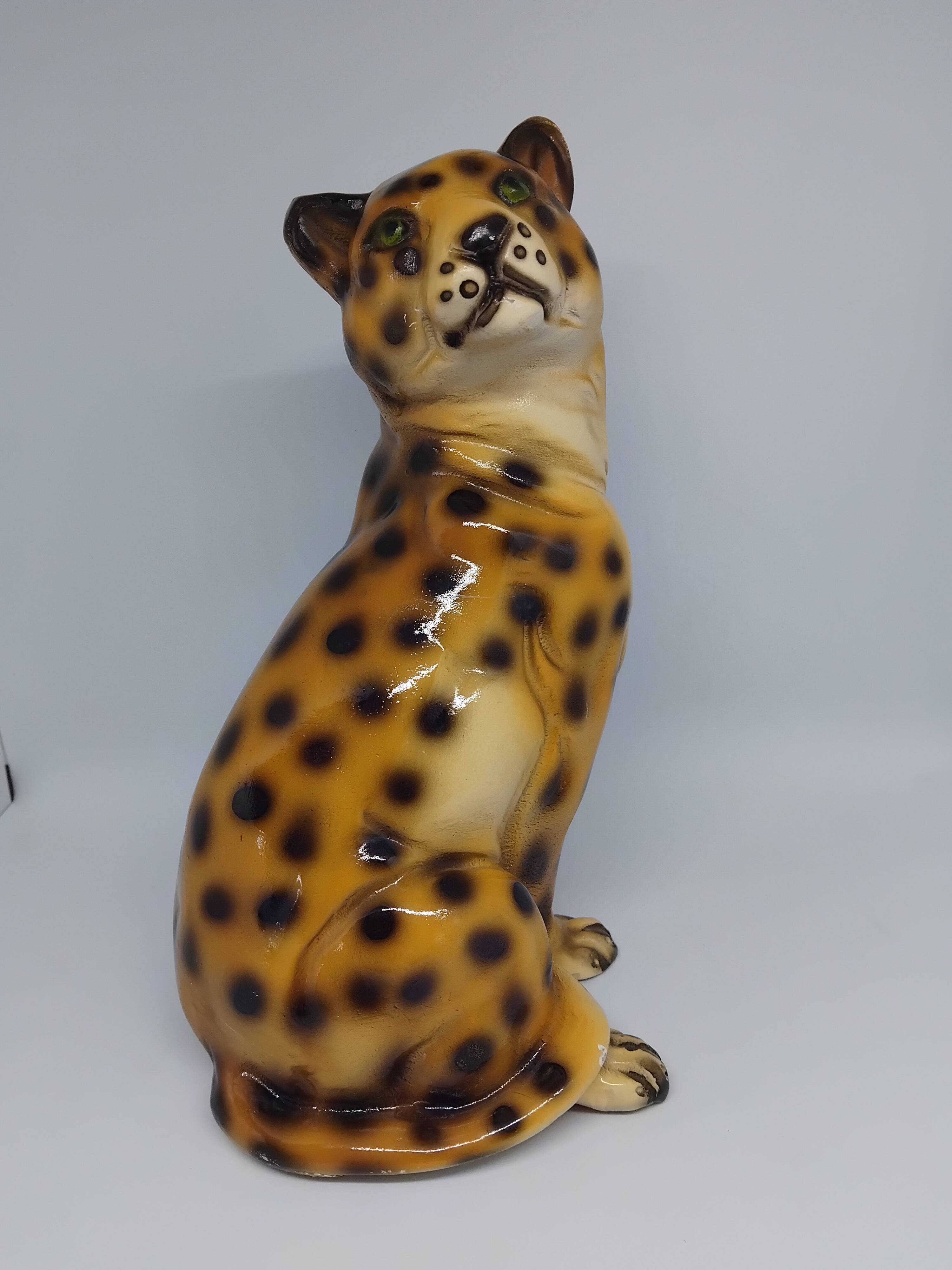 Polychrome terracotta jaguar Vintage 1970s.