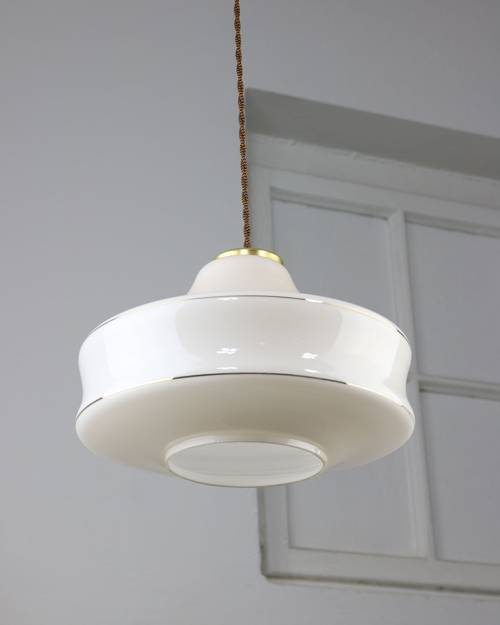 Mid-century White Glass & Brass Pendant Lamp
