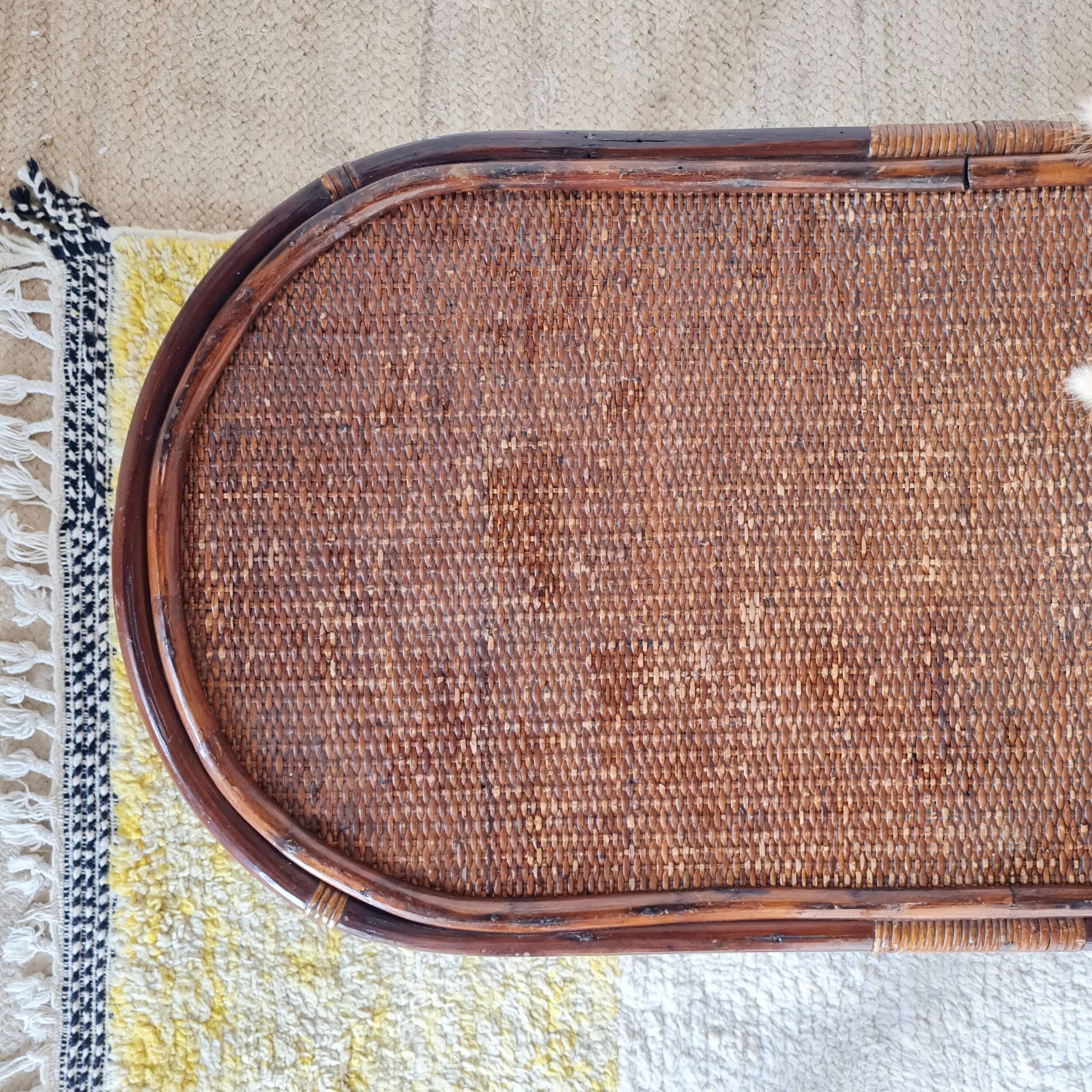 Grande table basse ancienne en rotin et cannage – Esprit bohème