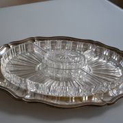 Plat serviteur apéritif métal argenté poinçon HKE et verre