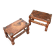 2 x Spanish footstool / wood leather / medieval-style / 1920s