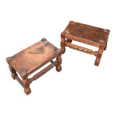 2 x Spanish footstool / wood leather / medieval-style / 1920s
