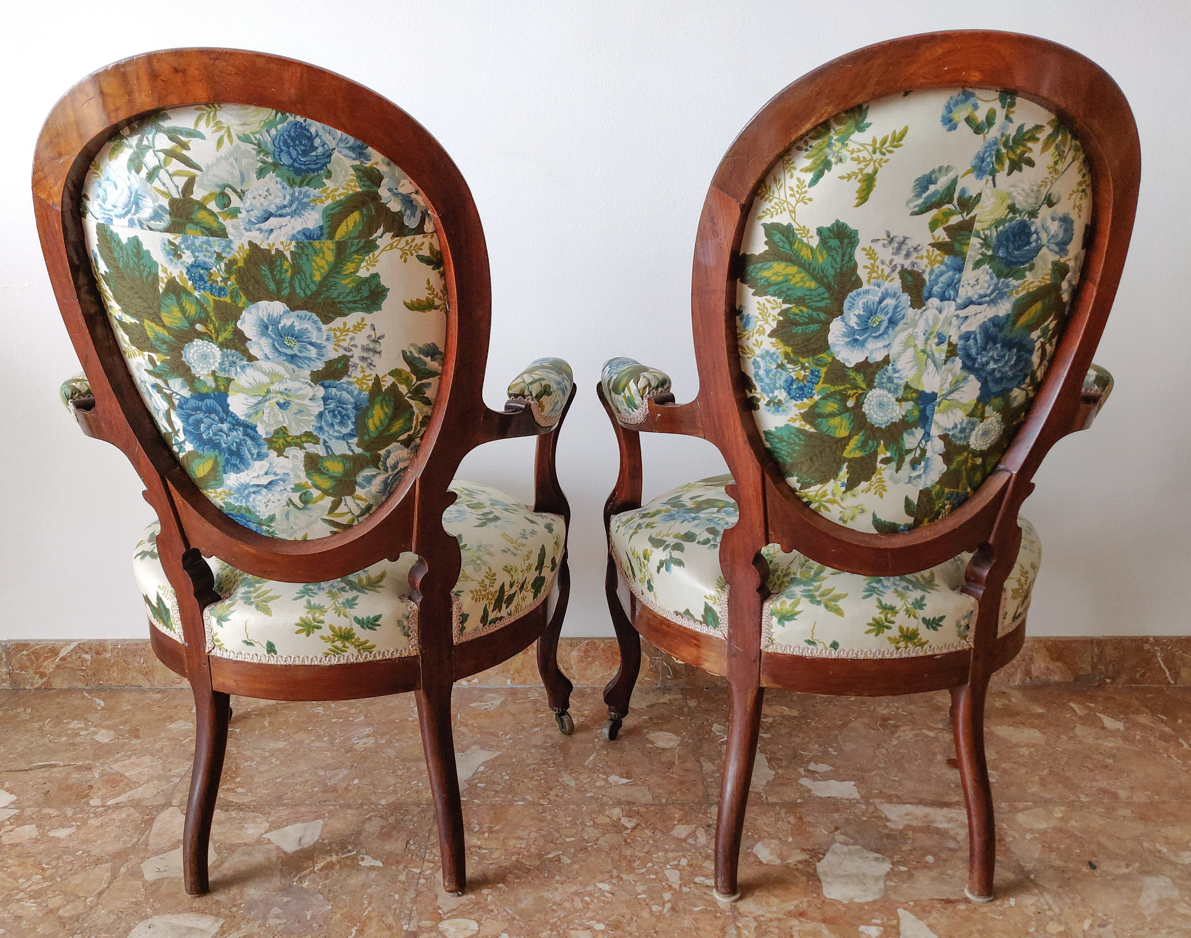 Pair armchairs Louis Philippe solid floral mahogany