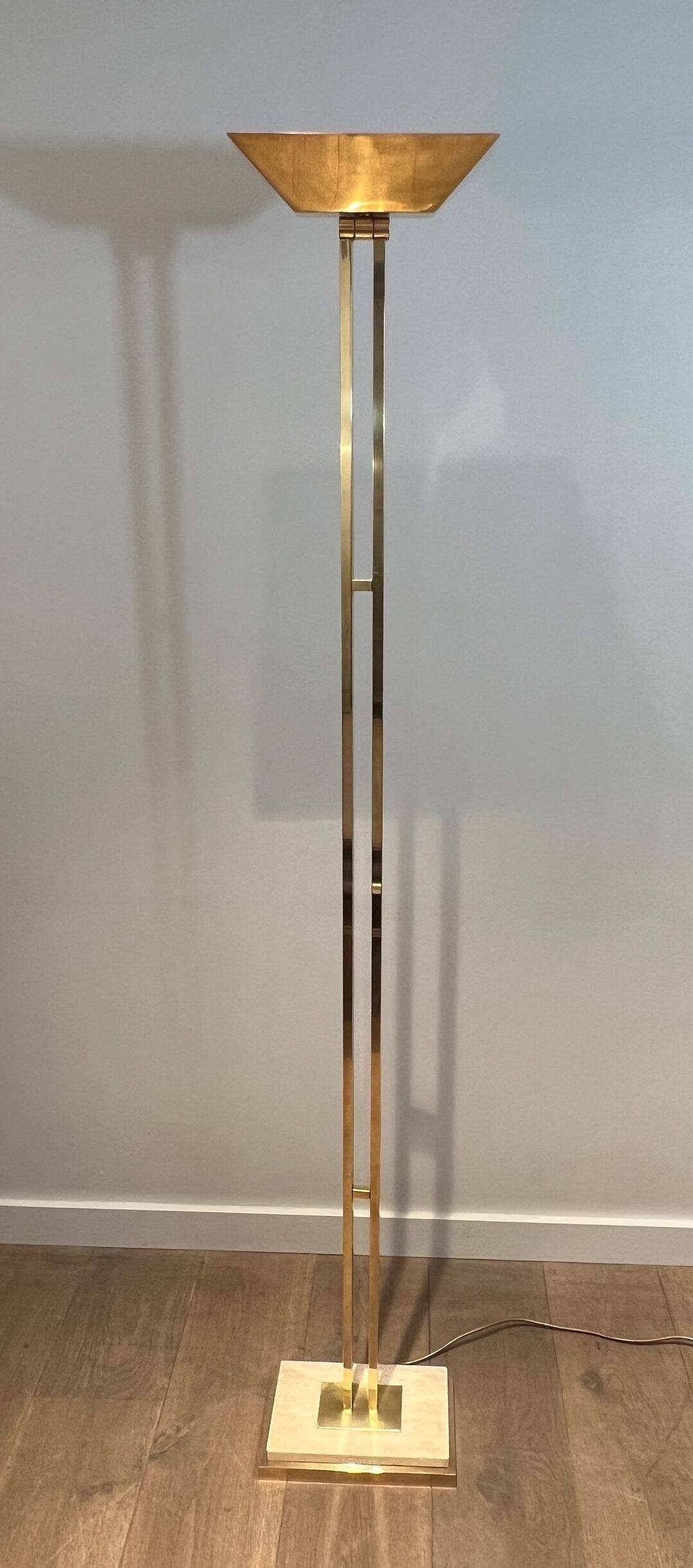 Brass Floor Lamp with Adjustable Reflector on a Timber Base