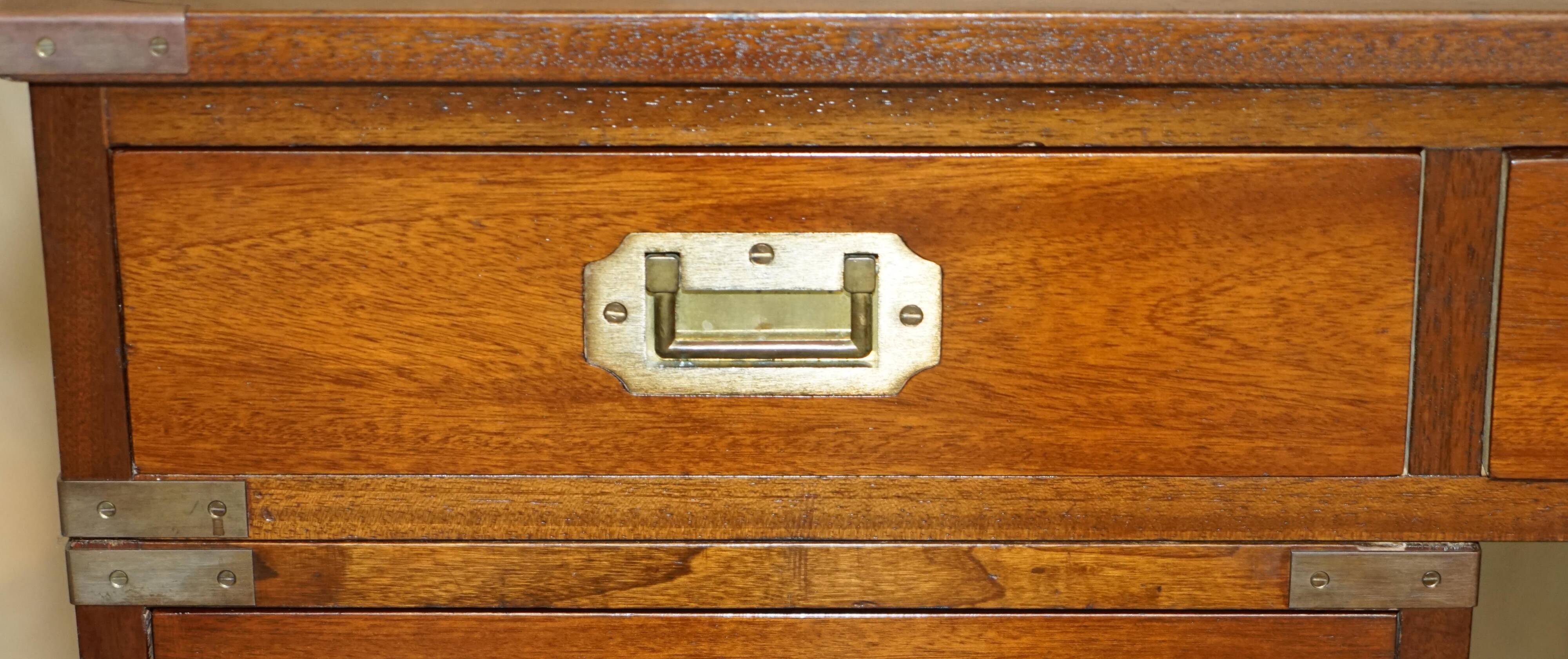 Vintage Harrods Kennedy desk in military campaign style with drawers.