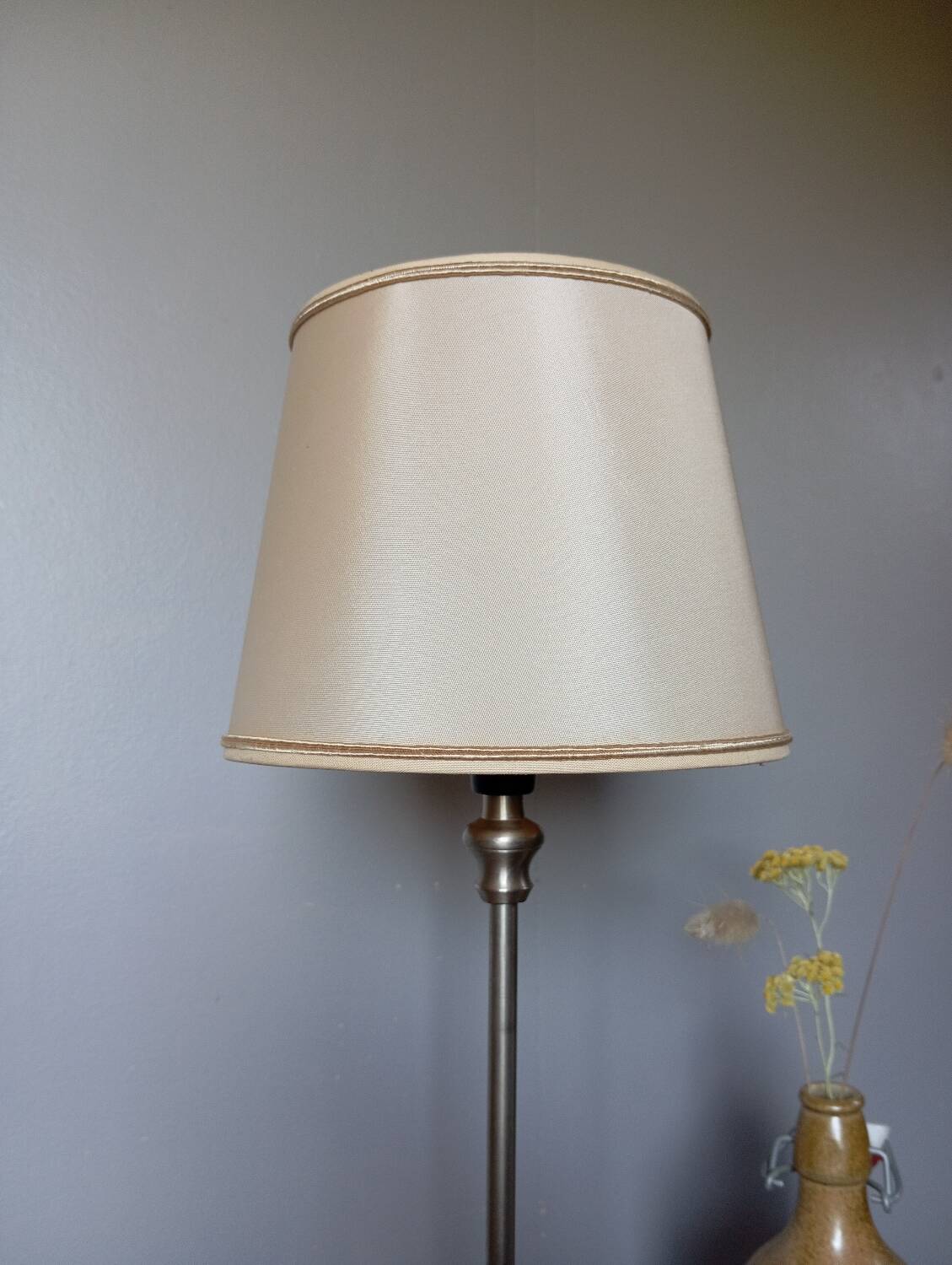 Silver metal living room lamp, cream shade, 1950s