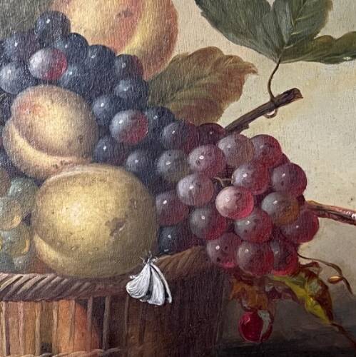 Still life painting of grapes and apples.