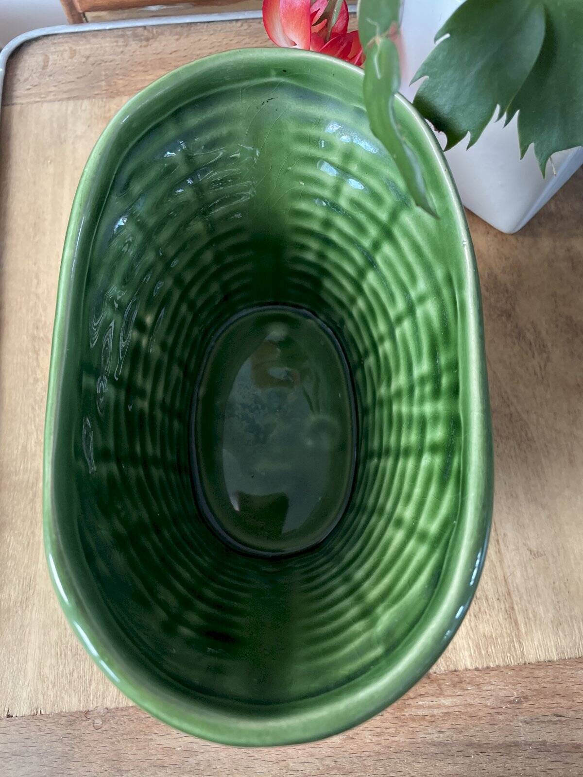 German ceramic pot, green wickerwork effect