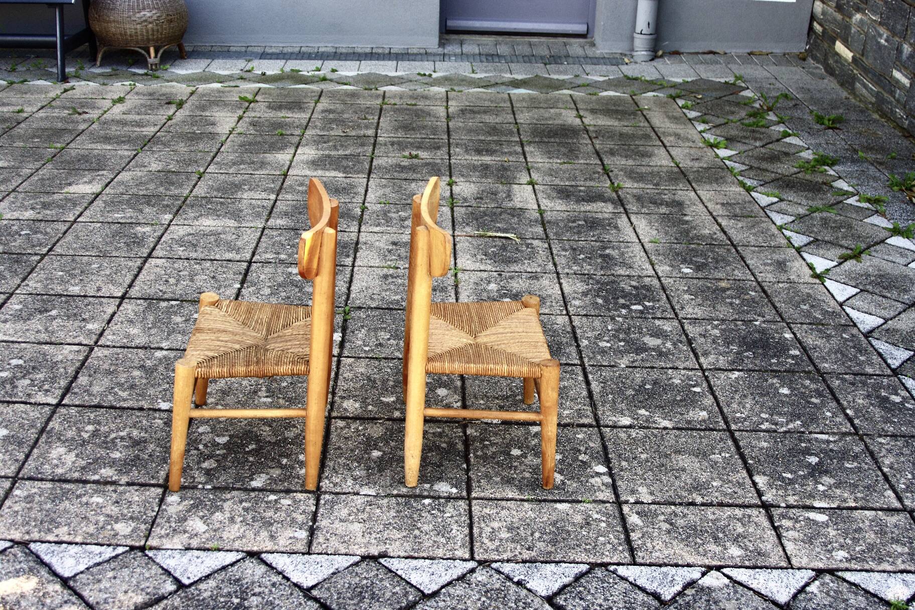 pair of vintage straw children's chairs 1950