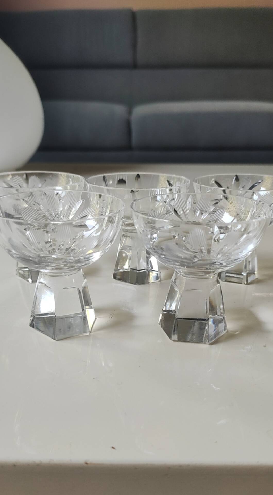 Lot of 5 Small Digestif/Liqueur Glasses. Cut Bohemian crystal. Floral.