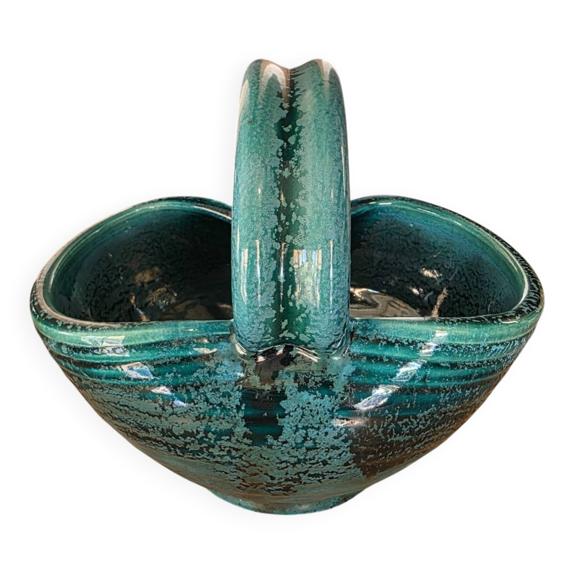 Vintage ceramic basket Accolay turquoise Signed Bull's Head X.C