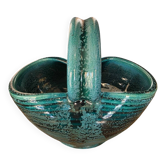 Panier céramique vintage Accolay turquoise Signé Tête de Taureau X.C