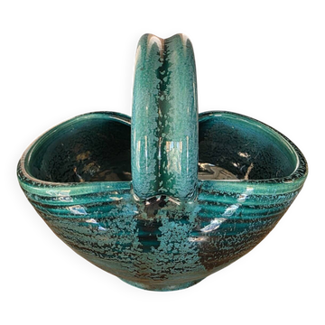 Vintage ceramic basket Accolay turquoise Signed Bull's Head X.C